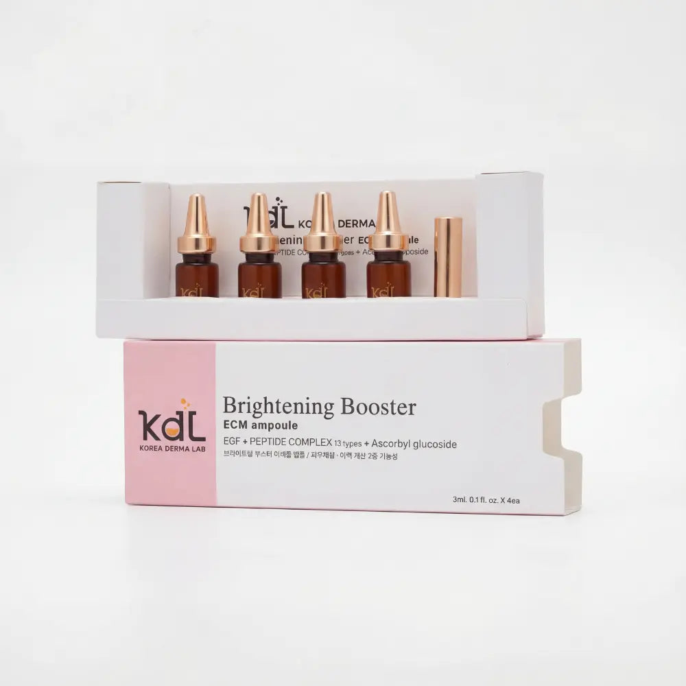 KDL Brightening Booster Ampoule Set with four vials — formulated with Niacinamide and Glutathione for bright, even skin tone.
