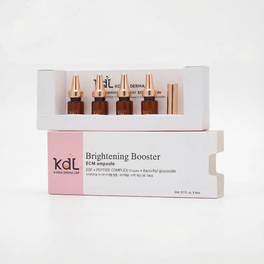 KDL Brightening Booster Ampoule Set with four vials — formulated with Niacinamide and Glutathione for bright, even skin tone.