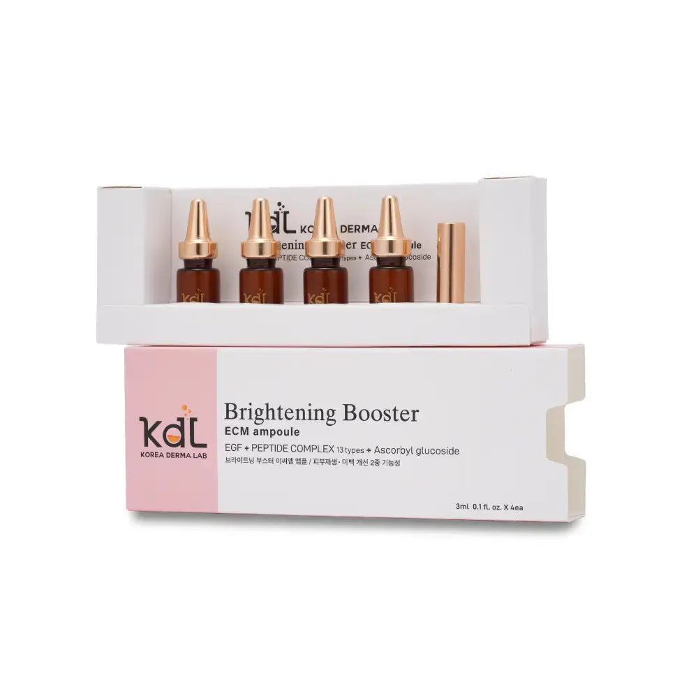 KDL Brightening Booster Ampoule Set with four vials — formulated with Niacinamide and Glutathione for bright, even skin tone.