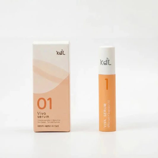KDL Viva brightening serum with Vitamin C and Bakuchiol, displayed with its product packaging.
