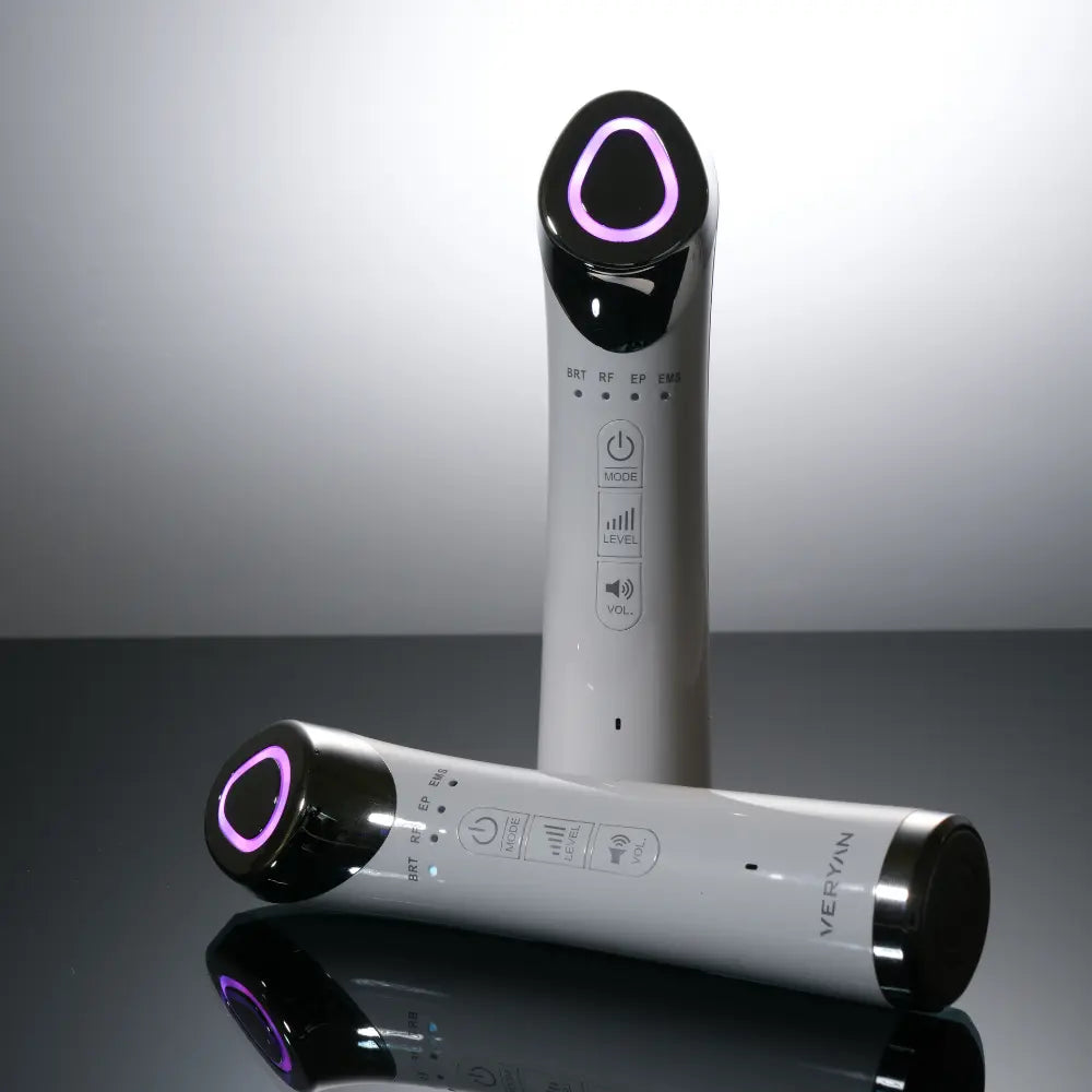 Close-up of VERYAN LED electroporation beauty device highlighting skin tightening and deep serum delivery technology.