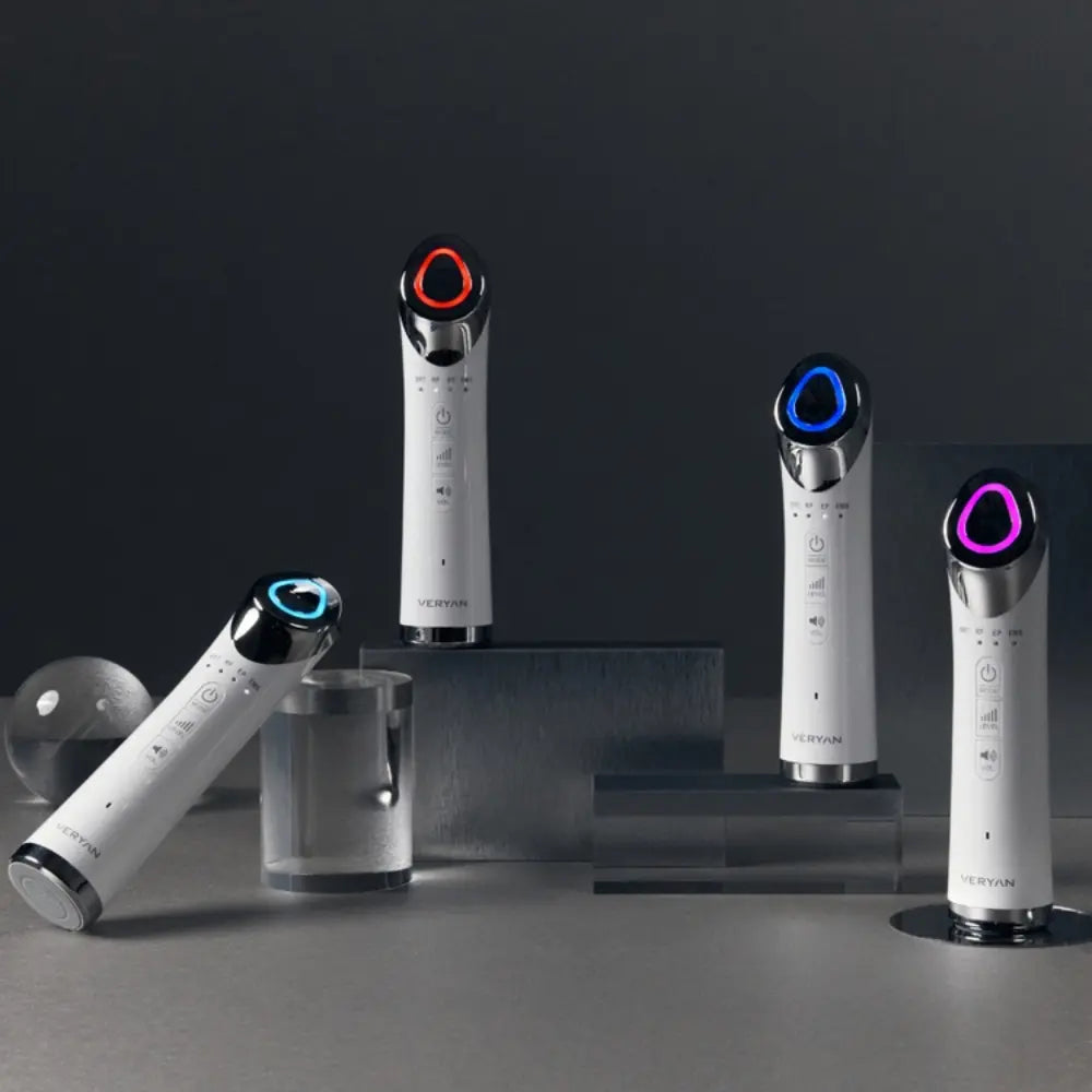 VERYAN PRO facial care device displaying multiple LED mode colors for customized at-home skincare routines