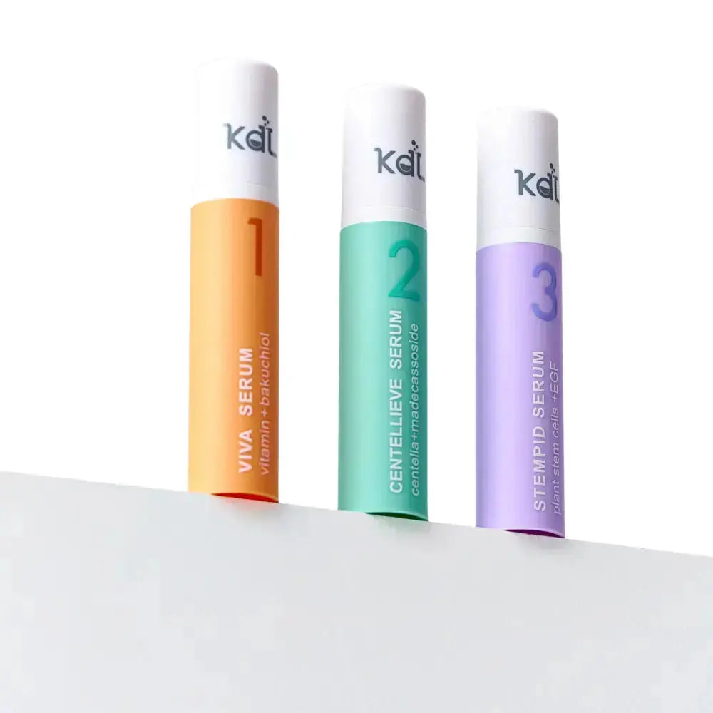 Display of KDL Viva, Centellieve, and Stempid serums — each targeting vitality, soothing, and firming skincare benefits.